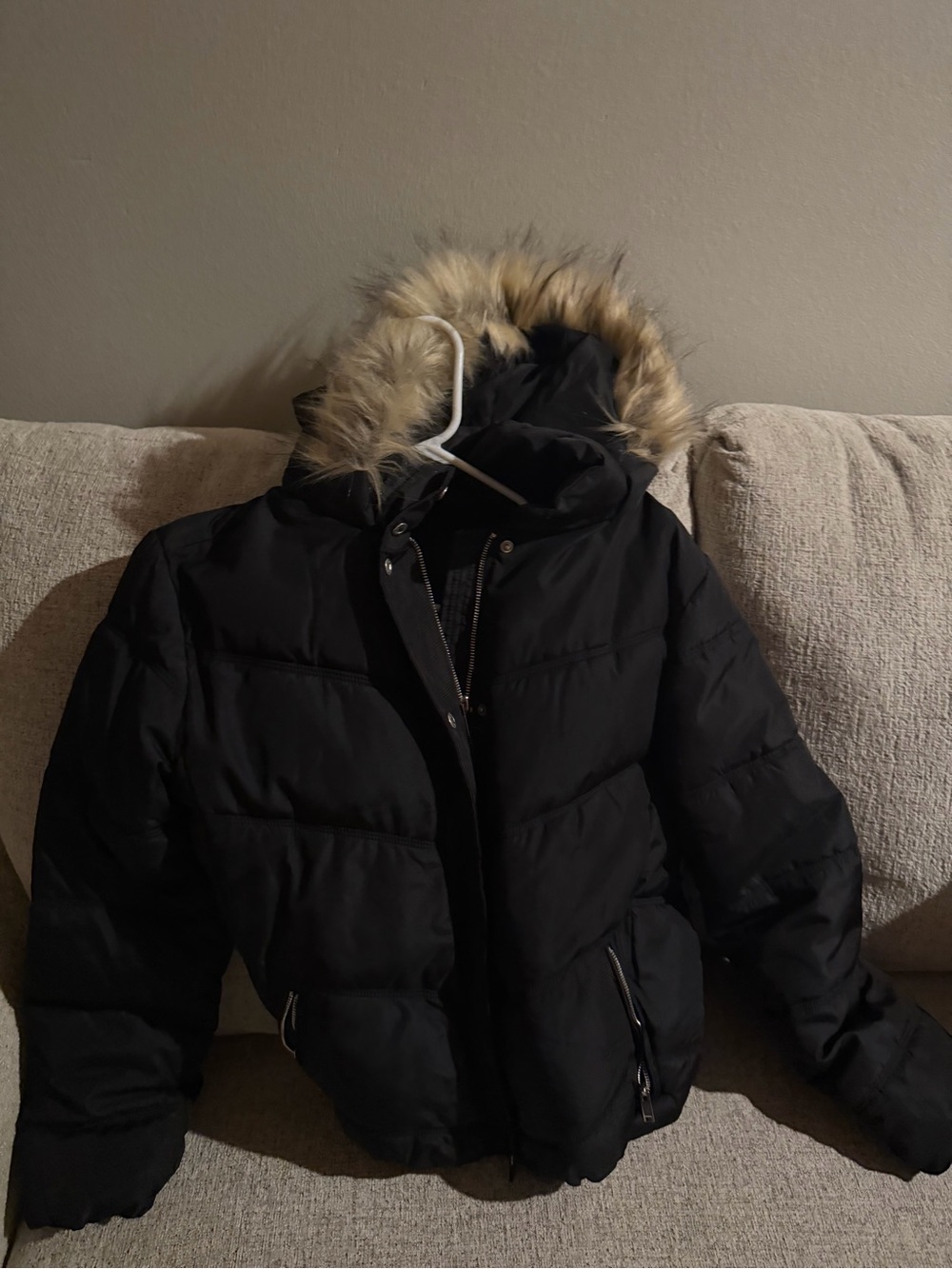 Black puffer jacket with fur lining